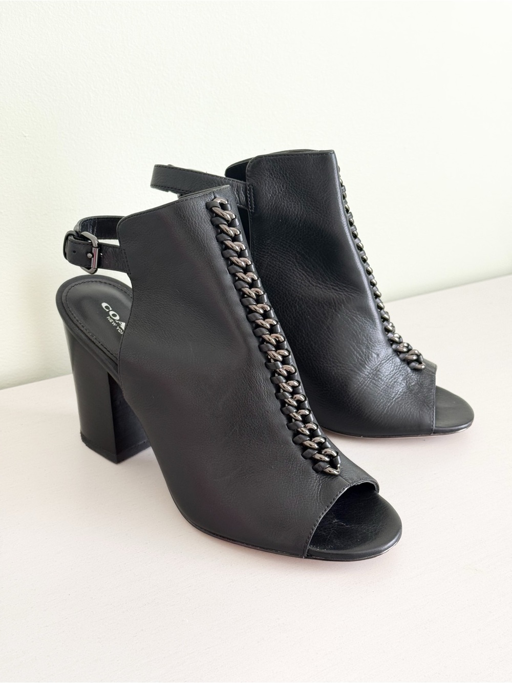 COACH Black Leather Chain-Trim Open-Toe Block Heel Sandals